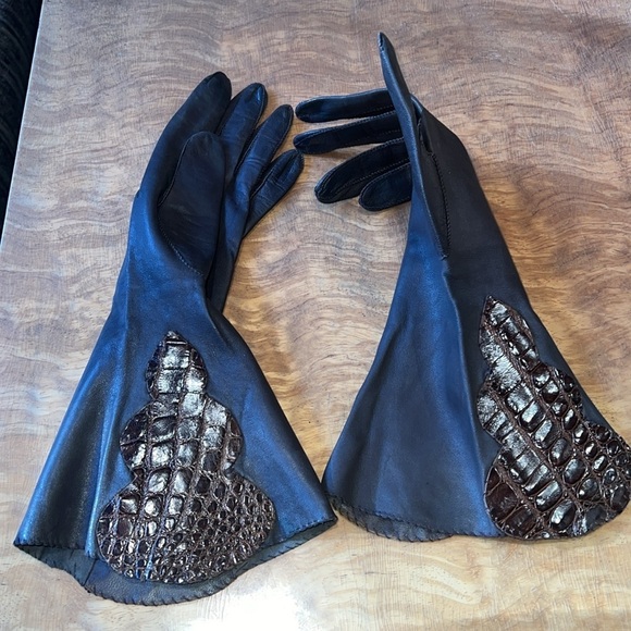 Vera Vogue Sz 8 Brown Kid Leather Crocodile Insert A Line Gloves - Picture 1 of 6